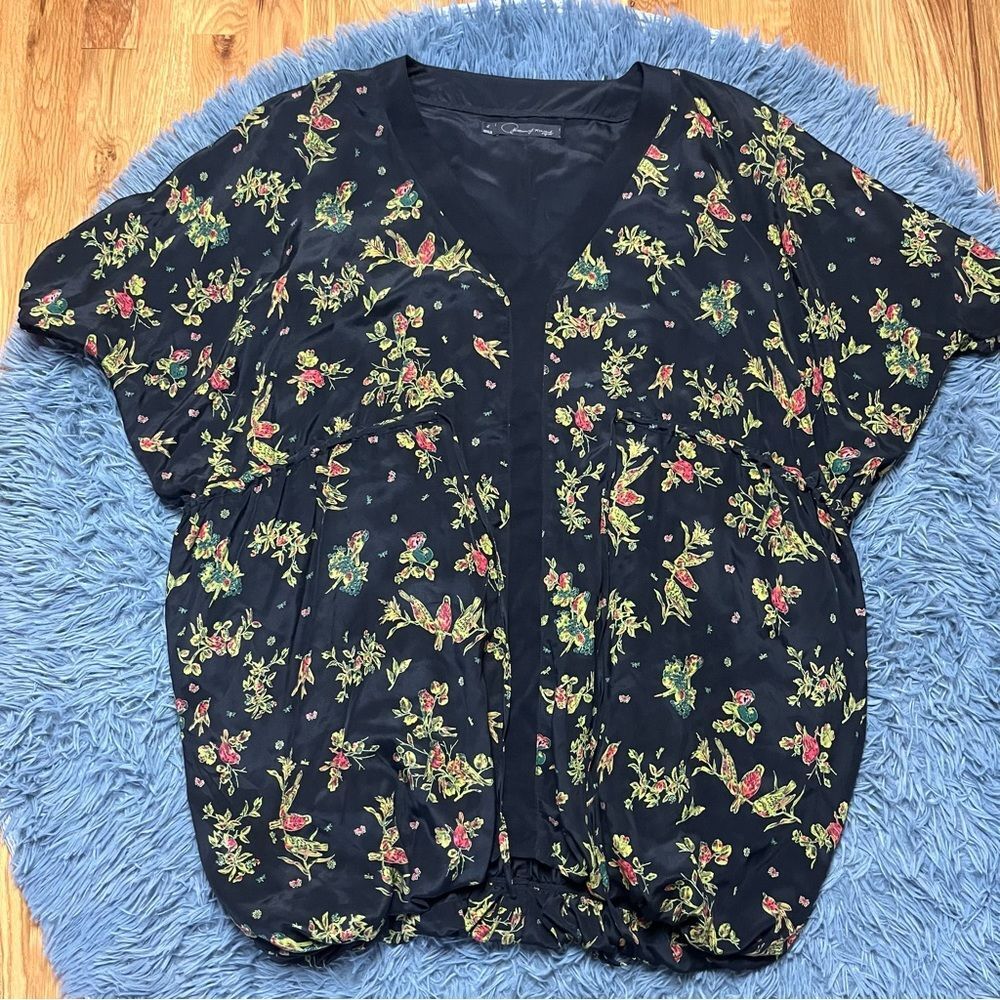 Patterson J Kincaid Black Bird Floral Print 100% Silk Tunic Blouse Size S